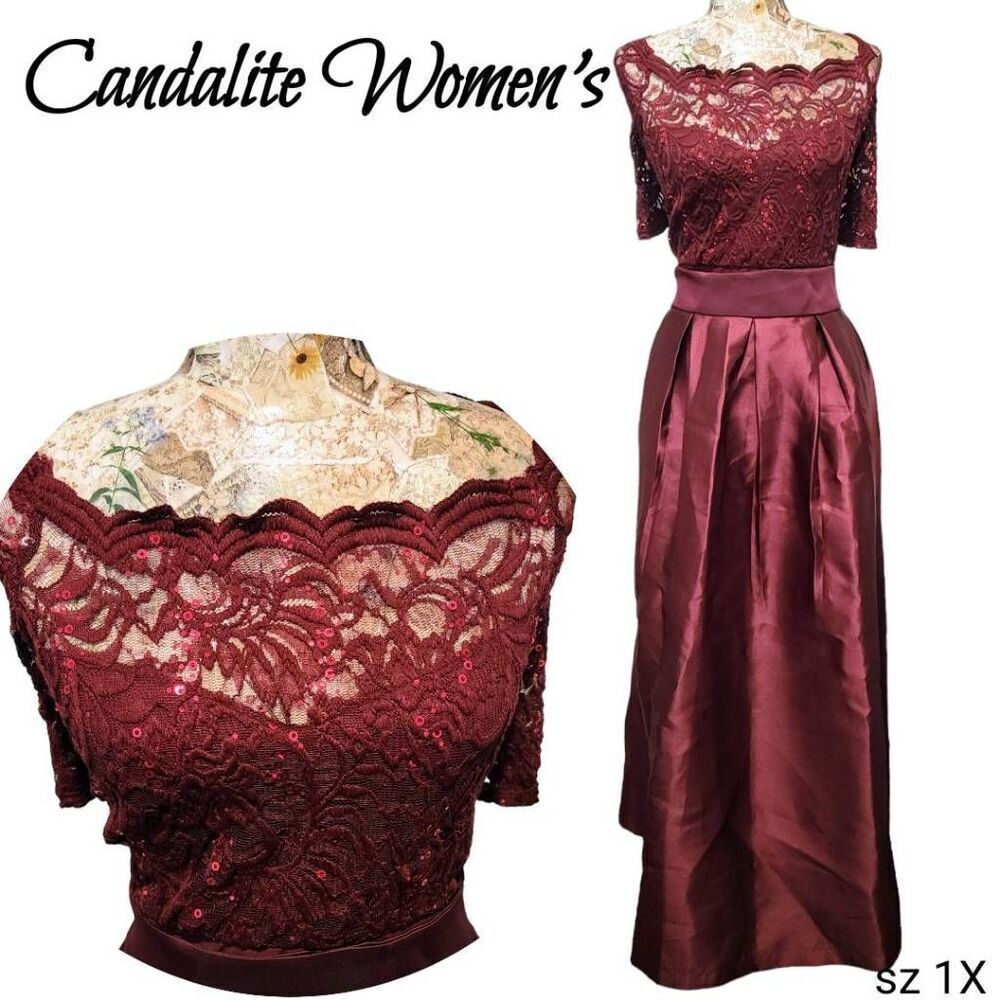 Candalite Formal Burgundy Sheer Lace Sequin Satin Skirt Long Gown Maxi Dress